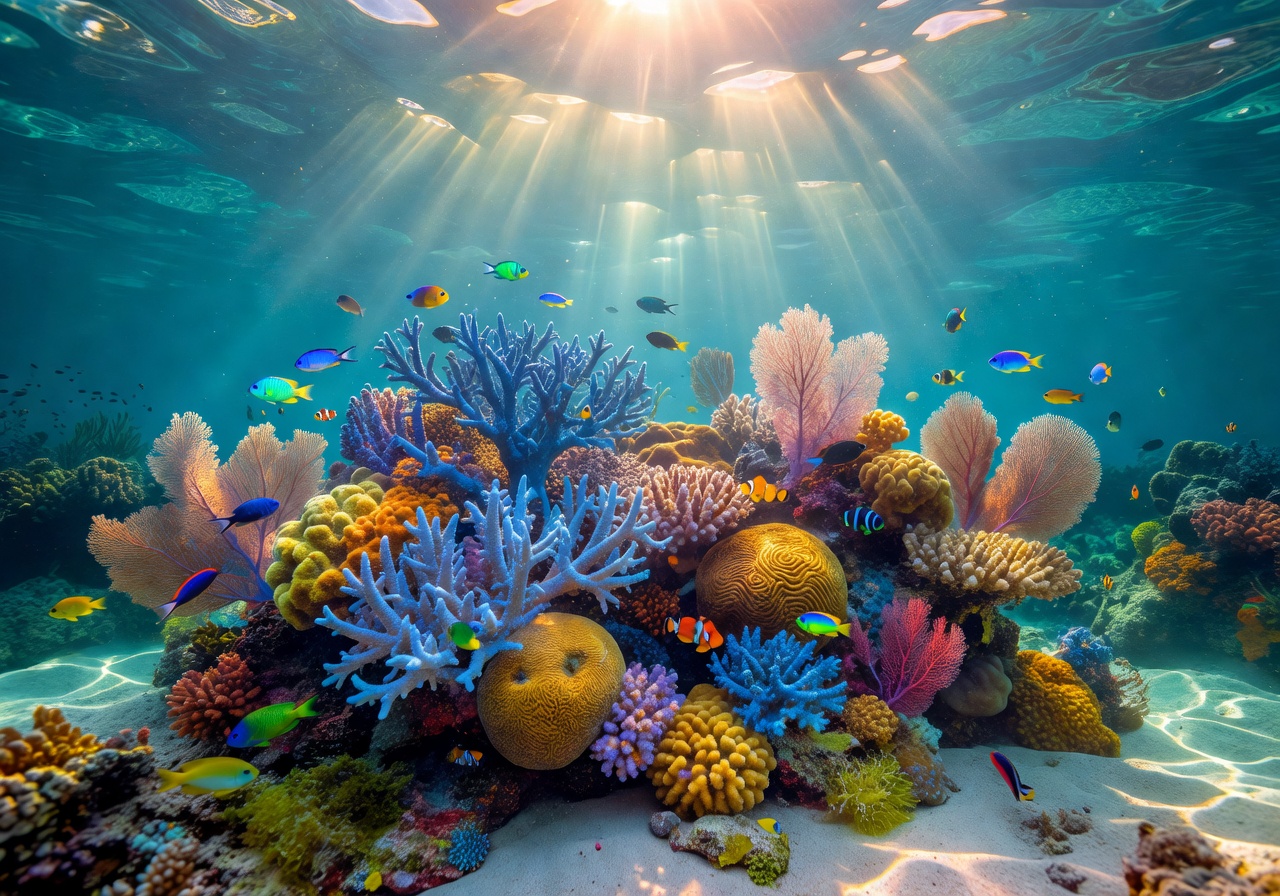 Beautiful underwater ocean reef and light rays