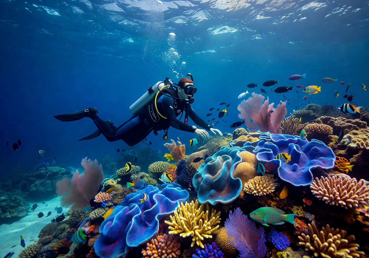 Diver exploring a gorgeous deep blue ocean reef